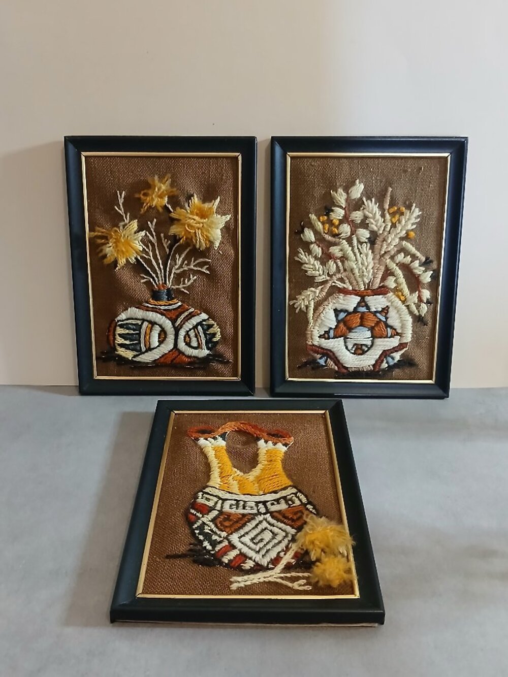 3 Vtg 1970s Framed Crewel Embroidery Native American Southwest Pottery Vases Art